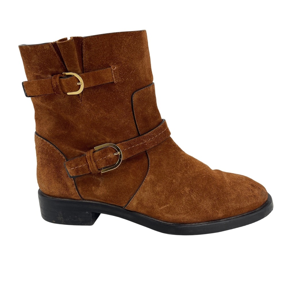 Stuart Weitzman Moto Ankle‎ Boots Womens 6.5 Brown Suede Gold Buckle ZW63748